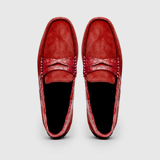 Zelli Italia Monza Men's Shoes Red Calf-Skin Suede & Crocodile Skin Driver (ZEL1044)