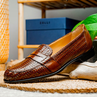 Zelli Italia Nicola Men's Shoes Cognac Woven Calf-Skin Leather Penny Loafer (ZEL1021)