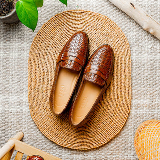 Zelli Italia Nicola Men's Shoes Cognac Woven Calf-Skin Leather Penny Loafer (ZEL1021)