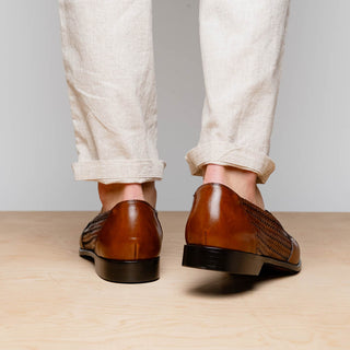 Zelli Italia Nicola Men's Shoes Cognac Woven Calf-Skin Leather Penny Loafer (ZEL1021)