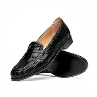 Zelli Italia Nicola Men's Shoes Black Woven Calf-Skin Leather Penny Loafer (ZEL1021)