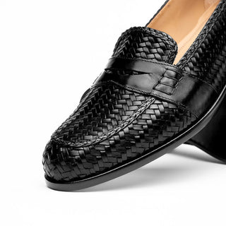 Zelli Italia Nicola Men's Shoes Black Woven Calf-Skin Leather Penny Loafer (ZEL1021)