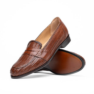 Zelli Italia Nicola Men's Shoes Cognac Woven Calf-Skin Leather Penny Loafer (ZEL1021)