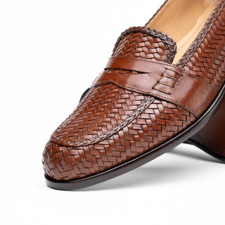 Zelli Italia Nicola Men's Shoes Cognac Woven Calf-Skin Leather Penny Loafer (ZEL1021)