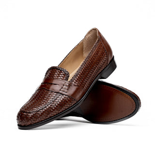 Zelli Italia Nicola Men's Shoes Brown Woven Calf-Skin Leather Penny Loafer (ZEL1021)