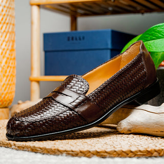 Zelli Italia Nicola Men's Shoes Brown Woven Calf-Skin Leather Penny Loafer (ZEL1021)