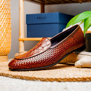 Zelli Italia Palio Men’s Shoes Cognac Crocodile & Woven Calf-Skin Leather Loafer (ZEL1017)
