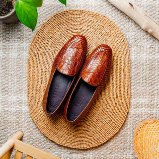Zelli Italia Palio Men’s Shoes Cognac Crocodile & Woven Calf-Skin Leather Loafer (ZEL1017)