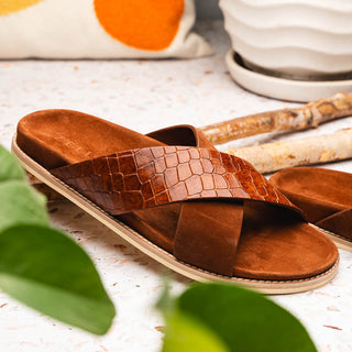 Zelli Italia Rena Men’s Shoes Cognac Crocodile Print / Goat-Skin Leather Sandal (ZEL1013)