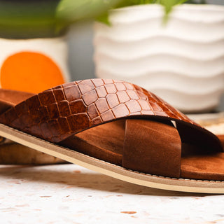 Zelli Italia Rena Men’s Shoes Cognac Crocodile Print / Goat-Skin Leather Sandal (ZEL1013)