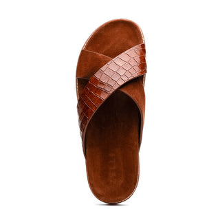 Zelli Italia Rena Men’s Shoes Cognac Crocodile Print / Goat-Skin Leather Sandal (ZEL1013)