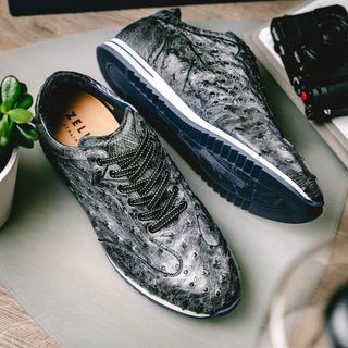 Zelli Italia Rio Men's Shoes Black Denim Ostrich Skin Sneaker (ZEL1054)