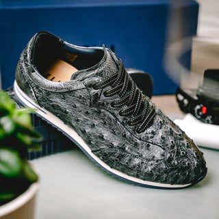 Zelli Italia Rio Men's Shoes Black Denim Ostrich Skin Sneaker (ZEL1054)