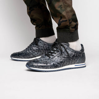 Zelli Italia Rio Men's Shoes Black Denim Ostrich Skin Sneaker (ZEL1054)