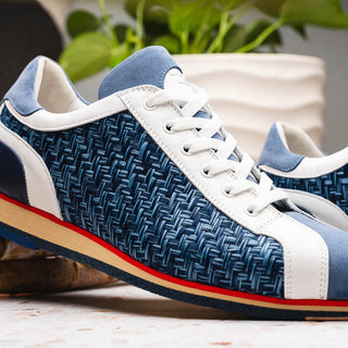Zelli Italia Ripi Men's Shoes Blue & White Woven Calf-Skin Leather Sneaker (ZEL1056)