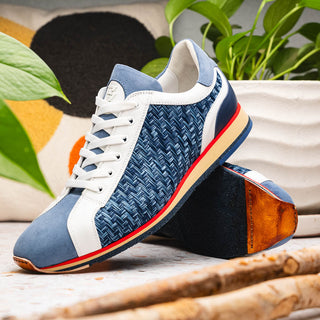 Zelli Italia Ripi Men's Shoes Blue & White Woven Calf-Skin Leather Sneaker (ZEL1056)