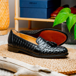 Zelli Italia Riviera Men's Shoes Black Woven Calf-Skin Leather Tassel Loafer (ZEL1020)