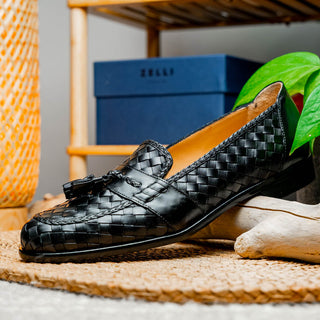 Zelli Italia Riviera Men's Shoes Black Woven Calf-Skin Leather Tassel Loafer (ZEL1020)
