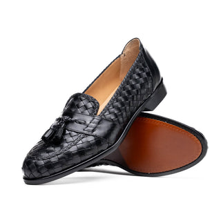 Zelli Italia Riviera Men's Shoes Black Woven Calf-Skin Leather Tassel Loafer (ZEL1020)