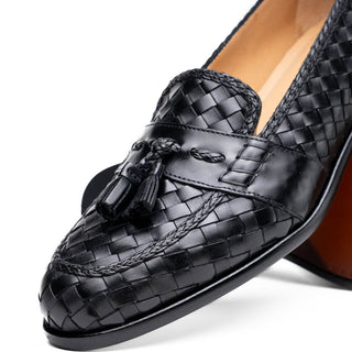 Zelli Italia Riviera Men's Shoes Black Woven Calf-Skin Leather Tassel Loafer (ZEL1020)