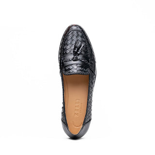 Zelli Italia Riviera Men's Shoes Black Woven Calf-Skin Leather Tassel Loafer (ZEL1020)