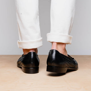 Zelli Italia Riviera Men's Shoes Black Woven Calf-Skin Leather Tassel Loafer (ZEL1020)