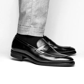 Zelli Italia Roma Men's Shoes Black Burnished Calf-Skin Leather Penny Loafer (ZEL1019)