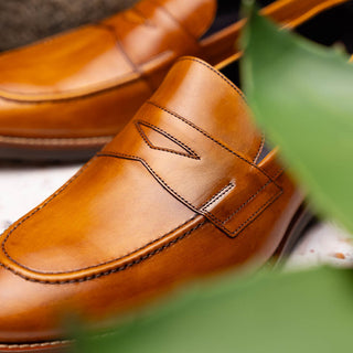 Zelli Italia Roma Men's Shoes Camel Burnished Calf-Skin Leather Penny Loafer (ZEL1019)