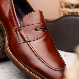 Zelli Italia Roma Men's Shoes Cognac Burnished Calf-Skin Leather Penny Loafer (ZEL1019)