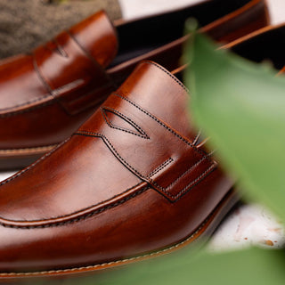 Zelli Italia Roma Men's Shoes Cognac Burnished Calf-Skin Leather Penny Loafer (ZEL1019)