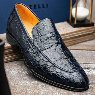 Zelli Italia Roma Men's Shoes Navy Crocodile Skin Penny Loafer (ZEL1003)
