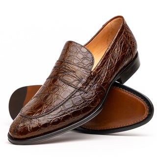 Zelli Italia Roma Men's Shoes Cognac Crocodile Skin Penny Loafer (ZEL1003)