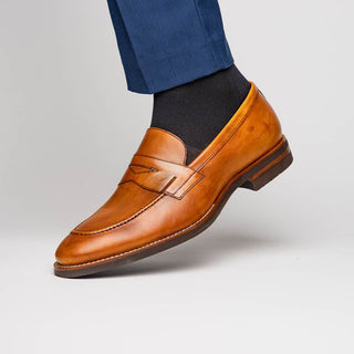 Zelli Italia Roma Men's Shoes Camel Burnished Calf-Skin Leather Penny Loafer (ZEL1019)