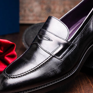 Zelli Italia Roma Men's Shoes Black Burnished Calf-Skin Leather Penny Loafer (ZEL1019)