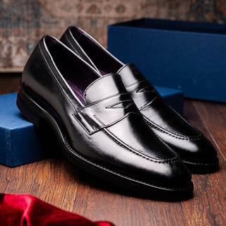 Zelli Italia Roma Men's Shoes Black Burnished Calf-Skin Leather Penny Loafer (ZEL1019)