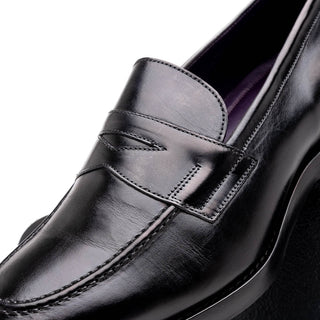 Zelli Italia Roma Men's Shoes Black Burnished Calf-Skin Leather Penny Loafer (ZEL1019)