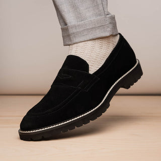 Zelli Italia Roma Men's Shoes Black Suede Leather Penny Loafer (ZEL1032)