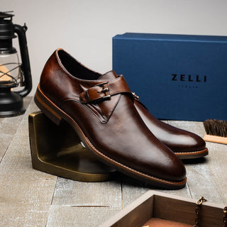 Zelli Italia Roman Men's Shoes Chestnut Calf-Skin Leather Single Monk-Strap (ZEL1076)