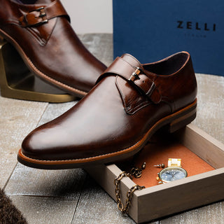 Zelli Italia Roman Men's Shoes Chestnut Calf-Skin Leather Single Monk-Strap (ZEL1076)