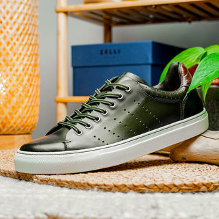 Zelli Italia Russo Men's Shoes Olive Burnished Calf-Skin Leather Sneaker (ZEL1050)