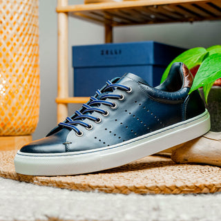 Zelli Italia Russo Men's Shoes Navy Burnished Calf-Skin Leather Sneaker (ZEL1050)