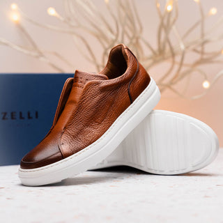 Zelli Italia Spettacolare Men's Shoes Cognac Pebble Grain Calf-Skin Leather Slip-On Sneaker (ZEL1051)