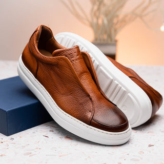 Zelli Italia Spettacolare Men's Shoes Cognac Pebble Grain Calf-Skin Leather Slip-On Sneaker (ZEL1051)