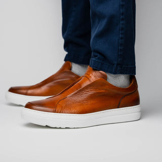 Zelli Italia Spettacolare Men's Shoes Cognac Pebble Grain Calf-Skin Leather Slip-On Sneaker (ZEL1051)