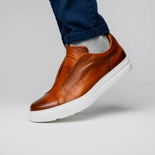 Zelli Italia Spettacolare Men's Shoes Cognac Pebble Grain Calf-Skin Leather Slip-On Sneaker (ZEL1051)