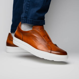 Zelli Italia Spettacolare Men's Shoes Cognac Pebble Grain Calf-Skin Leather Slip-On Sneaker (ZEL1051)