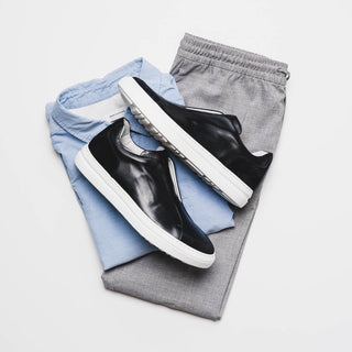 Zelli Italia Spettacolare Men's Shoes Black Pebble Grain Calf-Skin Leather Slip-On Sneaker (ZEL1051)