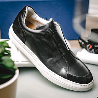 Zelli Italia Spettacolare Men's Shoes Black Pebble Grain Calf-Skin Leather Slip-On Sneaker (ZEL1051)