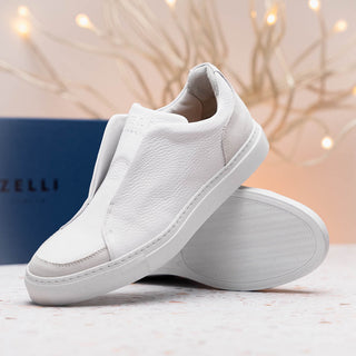 Zelli Italia Spettacolare Men's Shoes White Pebble Grain Calf-Skin Leather Slip-On Sneaker (ZEL1051)