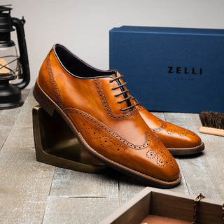 Zelli Italia Stephano Men's Shoes Camel Calf-Skin Leather Wing-Tip Oxford (ZEL1039)